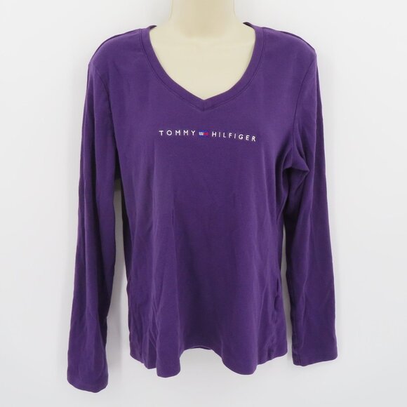 Tommy Hilfiger Women XL Purple V Neck Long Sleeve Shirt Top Embroidered Logo - Picture 8 of 8